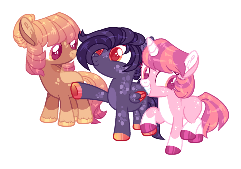 Size: 1280x901 | Tagged: safe, artist:lilywolfpie-yt, derpibooru import, oc, unofficial characters only, earth pony, pegasus, pony, unicorn, base used, female, filly, foal, image, offspring, parent:apple bloom, parent:button mash, parent:rumble, parent:scootaloo, parent:sweetie belle, parent:tender taps, parents:rumbloo, parents:sweetiemash, parents:tenderbloom, png, simple background, transparent background