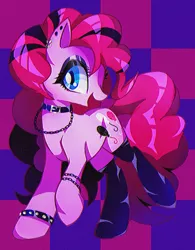 Size: 1460x1875 | Tagged: safe, artist:stacy_165cut, derpibooru import, pinkie pie, earth pony, pony, bracelet, chains, choker, clothes, ear piercing, earring, eyeshadow, female, hair dye, image, jewelry, jpeg, looking at you, makeup, mare, open mouth, piercing, pinkie pie's boutique, raised hoof, raised leg, solo, tiled background