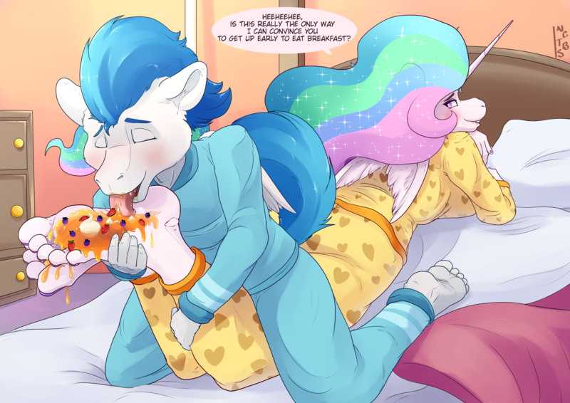 Size: 3541x2507 | Tagged: questionable, artist:noctibus, derpibooru import, princess celestia, oc, oc:dreamy daze, alicorn, anthro, pegasus, plantigrade anthro, bed, bedroom, canon x oc, clothes, dreamlestia, eyes closed, feet, female, fetish, food, foodplay, foot fetish, foot worship, image, licking, licking foot, looking back, male, pajamas, png, shipping, speech bubble, straight, tickling, tongue out