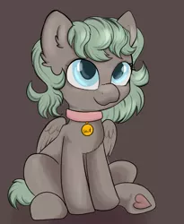 Size: 2170x2647 | Tagged: safe, artist:dumbwoofer, derpibooru import, oc, oc:forest air, pegasus, pony, collar, cute, female, filly, foal, heart, heart hoof, image, looking at you, pet play, png, simple background, sitting, smiling, solo, text, underhoof