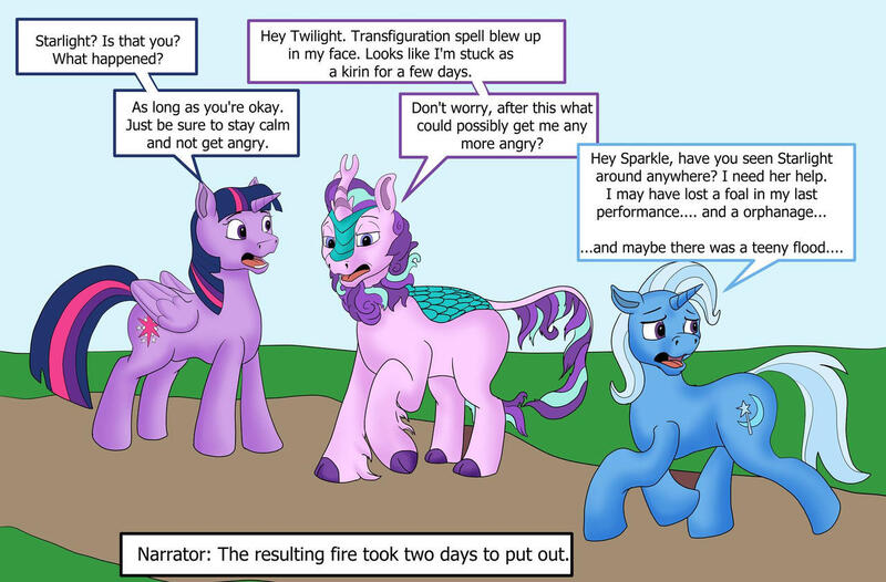 Size: 1280x842 | Tagged: safe, artist:termyotter, derpibooru import, starlight glimmer, trixie, twilight sparkle, twilight sparkle (alicorn), alicorn, kirin, pony, atg 2022, image, imminent nirik, jpeg, newbie artist training grounds, species swap