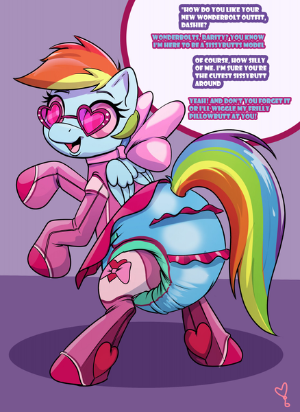 Size: 935x1280 | Tagged: questionable, artist:softballoonpony, derpibooru import, rainbow dash, rarity, pegasus, pony, alternate cutie mark, bow, clothes, cutie mark, cutie mark on clothes, dialogue, diaper, diaper fetish, female, fetish, folded wings, footed sleeper, glasses, heart, heart shaped glasses, hypnosis, hypnotized, image, mare, neck bow, non-baby in diaper, offscreen character, onesie, open mouth, pink bow, png, poofy diaper, presenting, rearing, signature, simple background, skirt, solo, speech bubble, swirly eyes, wings