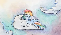 Size: 2000x1169 | Tagged: safe, artist:nedemai, derpibooru import, rainbow dash, pegasus, atg 2022, image, ink, jpeg, newbie artist training grounds, solo, traditional art, watercolor painting