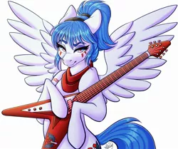 Size: 2520x2103 | Tagged: safe, artist:mxiiisy, derpibooru import, oc, oc:valkre siriusa, oc:valkyrie, unofficial characters only, pegasus, pony, accessory, bangs, blue eyes, clothes, cutie mark, facial markings, floppy ears, flying v, guitar, holding, image, jpeg, looking at you, musical instrument, ponytail, scarf, simple background, smiling, smirk, smug, solo, spread wings, standing, transparent background, white coat, wings