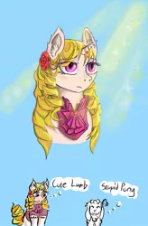 Size: 501x765 | Tagged: safe, artist:lambs prey, derpibooru import, oc, oc:prey, oc:saffron swirl, sheep, unicorn, fanfic art, image, jpeg, lamb, prey and a lamb, ribbon, thought bubble