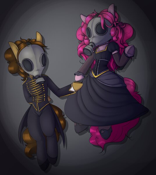 Size: 2680x3000 | Tagged: safe, artist:lockheart, derpibooru import, cheese sandwich, pinkie pie, earth pony, pony, semi-anthro, cheesepie, clothes, dress, female, gas mask, holding hooves, image, jpeg, male, mare, mask, my chemical romance, shipping, stallion, straight