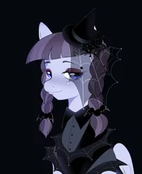 Size: 1579x1926 | Tagged: safe, artist:aztrial, derpibooru import, inky rose, pegasus, pony, black background, clothes, cute, dress, eyeshadow, female, hat, image, inkybetes, makeup, mare, png, simple background, solo, witch hat
