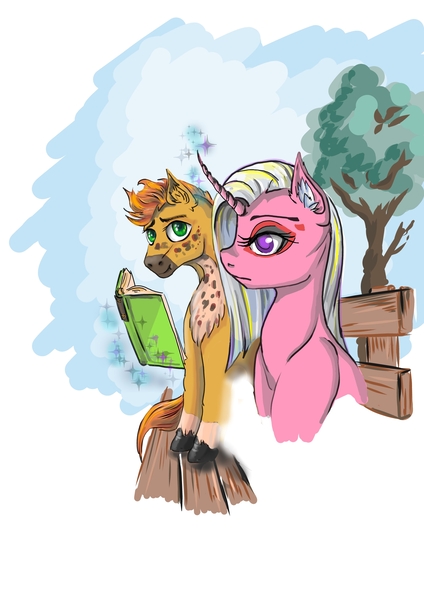 Size: 1488x2105 | Tagged: safe, artist:lambs prey, derpibooru import, oc, oc:lemon pink, oc:randy pickaxe, earth pony, pony, unicorn, bench, book, curved horn, fanfic art, female, horn, image, jpeg, male, mare, park, prey and a lamb, reading, sharp horn, stallion