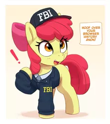 Size: 2751x3107 | Tagged: safe, artist:pabbley, derpibooru import, apple bloom, earth pony, pony, adorabloom, baseball cap, cap, clothes, cute, exclamation point, eye clipping through hair, eyebrows, eyebrows visible through hair, fbi, female, filly, foal, gradient background, hat, image, implied anon, jacket, jpeg, solo, speech bubble, this will end in jail time
