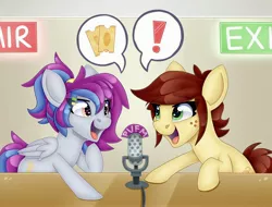 Size: 4096x3109 | Tagged: safe, artist:partylikeanartist, derpibooru import, oc, oc:aerial soundwaves, oc:canni soda, unofficial characters only, earth pony, pegasus, pony, 2018, duo, exclamation point, female, heart, heart eyes, image, jpeg, mare, microphone, old art, open mouth, open smile, smiling, speech bubble, starry eyes, ticket, traditional art, wingding eyes