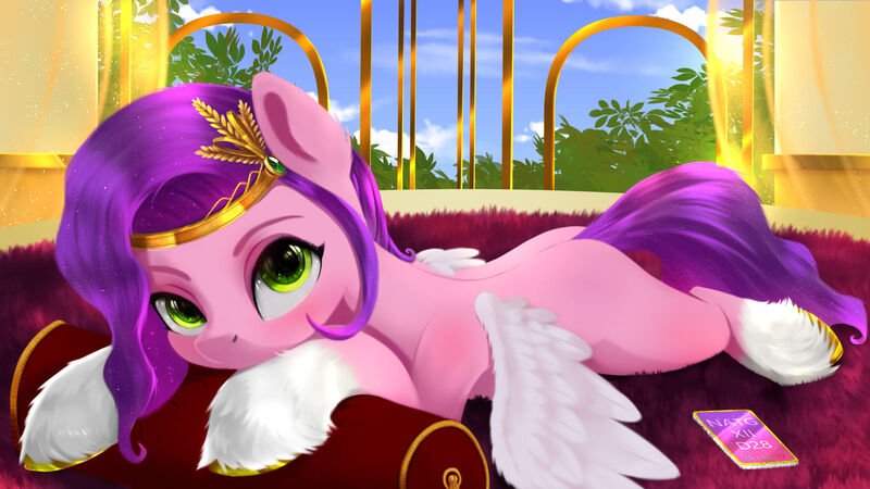 Size: 1920x1080 | Tagged: safe, artist:darksly, derpibooru import, pipp petals, pegasus, pony, 1920x1080, adorapipp, atg 2022, coat markings, colored wings, cute, female, g5, headband, image, jewelry, jpeg, looking at you, lying down, mare, markings, mobile phone, newbie artist training grounds, phone, pillow, prone, regalia, relaxing, rug, smartphone, socks (coat marking), solo, spread wings, unshorn fetlocks, wings