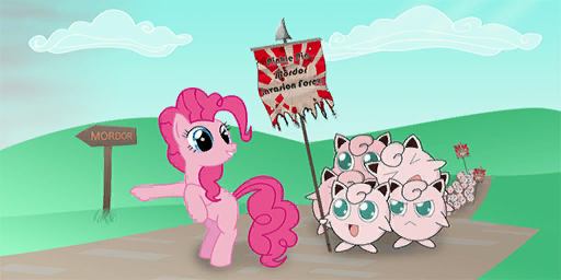 Size: 512x256 | Tagged: safe, artist:stylishkira, derpibooru import, pinkie pie, jigglypuff, flag, image, marching, mordor, png, pointing, pokémon