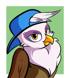 Size: 2806x3181 | Tagged: safe, artist:qbellas, gilda, gryphon, backwards cap, baseball cap, cap, chest fluff, female, fluffy, folded wings, hat, image, looking at you, png, simple background, sitting, solo, wings