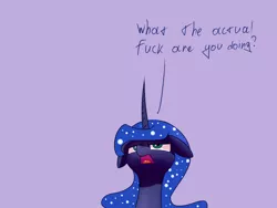 Size: 800x600 | Tagged: safe, artist:underpable, derpibooru import, edit, princess luna, alicorn, pony, blue background, bust, female, floppy ears, frown, glare, image, lidded eyes, luna is not amused, mare, open mouth, png, simple background, solo, unamused, vulgar, watching, wtf