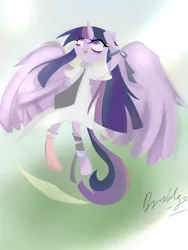 Size: 2250x3000 | Tagged: safe, artist:bridge, derpibooru import, twilight sparkle, twilight sparkle (alicorn), alicorn, pony, autograph, bandage, blurry background, bow, clothes, collar, dress, ear, eye clipping through hair, female, flying, freedom, grassland, horn, ibispaint x, image, iris, large wings, long eyelashes, long mane, long tail, open mouth, paper, png, rise, shadow, short sleeves, socks, solo, spread wings, stockings, sunlight, tail, thigh highs, tongue out, tooth, wings