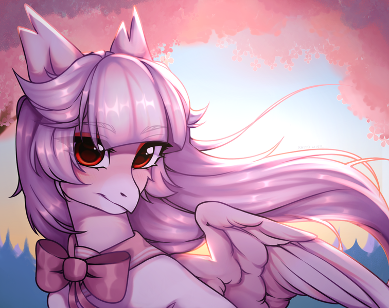 Size: 1473x1169 | Tagged: safe, artist:kaitowivil, derpibooru import, oc, oc:ophelia, hippogriff, cherry blossoms, clothes, cute, flower, flower blossom, image, pink, png, school uniform, solo, sunset