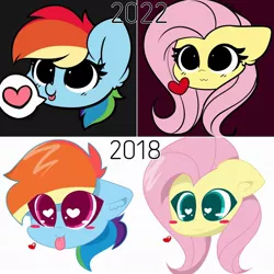 Size: 1080x1080 | Tagged: safe, artist:kittyrosie, derpibooru import, fluttershy, rainbow dash, pegasus, pony, 2018, 2022, :3, :p, blushing, comparison, cute, dashabetes, duo, female, heart, heart eyes, image, jpeg, kittyrosie is trying to murder us, mare, redraw, shyabetes, tongue out, wingding eyes