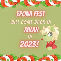 Size: 1080x1080 | Tagged: safe, artist:eponafest, derpibooru import, oc, oc:milli, basil (food), caprese salad, eponafest, food, green background, heart, heart eyes, image, italy, jpeg, mascot, mozzarella cheese, simple background, solo, tomato, wingding eyes