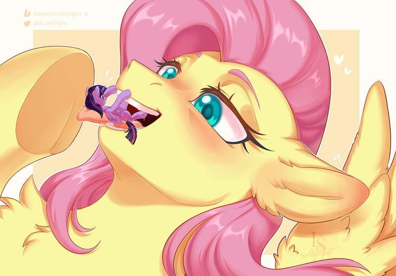 Size: 1431x1000 | Tagged: suggestive, artist:ls_skylight, derpibooru import, fluttershy, twilight sparkle, alicorn, pegasus, pony, commission, cute, flutterpred, image, imminent vore, jpeg, macro, macro/micro, micro, preylight, tiny, tongue out, vore, ych result