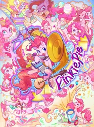 Size: 1523x2048 | Tagged: safe, artist:千雲九枭, derpibooru import, flash sentry, gummy, pinkie pie, twilight sparkle, balloon, banjo, bow, clothes, cupcake, dress, drums, fake moustache, female, flashlight, food, gala dress, glasses, harmonica, image, jpeg, male, music notes, musical instrument, party cannon, pinkamena diane pie, roller coaster, shipping, smiling, sousaphone, straight, tambourine, text, tongue out