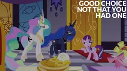 Size: 1280x720 | Tagged: safe, derpibooru import, edit, edited screencap, editor:quoterific, screencap, princess celestia, princess luna, starlight glimmer, alicorn, pony, unicorn, a royal problem, season 7, crown, female, food, image, jewelry, jpeg, mare, open mouth, open smile, pancakes, regalia, smiling, text, trio