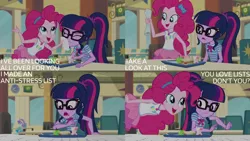 Size: 1280x720 | Tagged: safe, derpibooru import, edit, edited screencap, editor:quoterific, screencap, pinkie pie, sci-twi, twilight sparkle, equestria girls, equestria girls series, stressed in show, stressed in show: pinkie pie, spoiler:eqg series (season 2), apple, bowtie, clothes, cutie mark, cutie mark on clothes, duo, duo female, eyes closed, female, food, geode of sugar bombs, geode of telekinesis, glasses, image, jewelry, magical geodes, necklace, open mouth, open smile, png, ponytail, sandwich, smiling, text