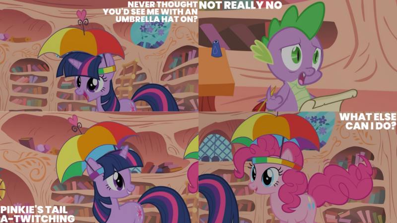 Size: 1280x720 | Tagged: safe, derpibooru import, edit, edited screencap, editor:quoterific, screencap, pinkie pie, spike, twilight sparkle, dragon, earth pony, pony, unicorn, feeling pinkie keen, season 1, female, golden oaks library, image, library, male, mare, open mouth, open smile, png, smiling, text, trio, unicorn twilight