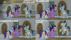 Size: 1280x720 | Tagged: safe, derpibooru import, edit, edited screencap, editor:quoterific, screencap, rarity, twilight sparkle, twilight sparkle (alicorn), alicorn, pony, unicorn, friendship university, season 8, spoiler:s08, ^^, disguise, eyepatch, eyepatch (disguise), eyes closed, female, grin, image, jpeg, male, mare, open mouth, smiling, stallion, text, trio