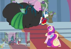Size: 2213x1533 | Tagged: suggestive, artist:thewindking, derpibooru import, edit, edited screencap, screencap, princess cadance, queen chrysalis, shining armor, alicorn, changeling, changeling queen, pony, unicorn, belly, big belly, butt, changeling overfeeding, chubby cheeks, clothes, dismay, double chin, fat, female, floating heart, flower, heart, huge belly, huge butt, image, impossibly large belly, impossibly large butt, large belly, large butt, messy mane, nervous, png, queen chrysalard, smug, uniform