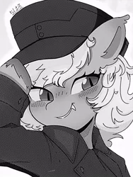 Size: 600x800 | Tagged: safe, artist:ishikawachichan, derpibooru import, oc, unofficial characters only, bat pony, pony, clothes, comic, fangs, female, hat, image, japanese, jpeg, looking at you, mare, monochrome, moon runes, salute, simple background, solo, white background