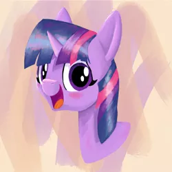 Size: 1280x1280 | Tagged: safe, artist:anderdragon76, artist:anderdraws, derpibooru import, twilight sparkle, pony, abstract background, ambiguous race, bust, female, image, jpeg, looking at you, mare, open mouth, open smile, portrait, smiling, smiling at you, solo