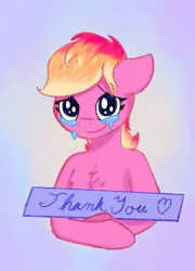 Size: 955x1324 | Tagged: safe, artist:anderdragon76, artist:anderdraws, derpibooru import, oc, unofficial characters only, earth pony, pony, chest fluff, heart, image, jpeg, looking at you, sign, smiling, smiling at you, teary eyes, thank you