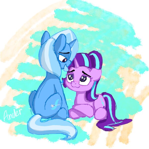 Size: 2048x2048 | Tagged: safe, artist:anderdragon76, artist:anderdraws, derpibooru import, starlight glimmer, trixie, pony, unicorn, duo, duo female, female, horn, image, jpeg, lesbian, looking at each other, looking at someone, looking down, looking up, lying down, mare, open mouth, open smile, prone, shipping, simple background, sitting, smiling, startrix, white background