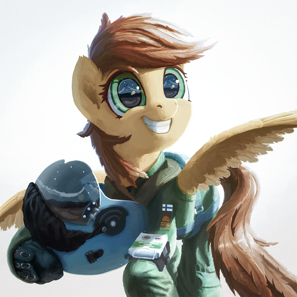 Size: 1080x1080 | Tagged: safe, artist:rotkotiili, derpibooru import, oc, unofficial characters only, pegasus, pony, clothes, eye reflection, finland, helmet, image, png, reflection, simple background, smiling, solo, white background, wings