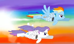 Size: 1280x761 | Tagged: safe, artist:techknowman1010, derpibooru import, rainbow dash, rarity, alicorn, pegasus, alicornified, duo, duo female, fast, female, image, jetpack, jpeg, race swap, raricorn, sonic boom, sonic rainboom