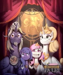Size: 671x794 | Tagged: safe, derpibooru import, princess celestia, princess luna, pony, equestrian tales, family photo, female, filly, filly celestia, filly luna, image, lady dawn, png, sire dusk, younger