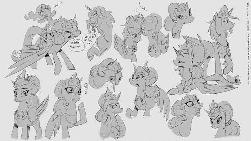 Size: 1113x626 | Tagged: safe, artist:harmonize entertainment, artist:ruffu, derpibooru import, princess celestia, princess luna, pony, black and white, equestrian tales, family photo, female, filly, filly celestia, filly luna, grayscale, image, jpeg, lady dawn, lineart, monochrome, sire dusk, younger