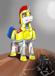 Size: 747x1037 | Tagged: safe, artist:lambs prey, derpibooru import, oc, oc:captain valor, oc:prey, sheep, fanfic:prey and a lamb, armor, fanfic art, guard, image, jpeg, lamb, prison, prisoner, runt, shackles, solar guard