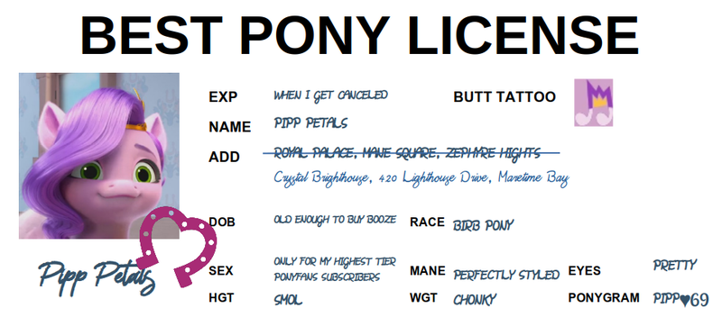 Size: 962x435 | Tagged: safe, derpibooru import, edit, edited screencap, editor:secretbronyx, screencap, pipp, pipp petals, pegasus, pony, my little pony: make your mark, 420, 69 (number), adorapipp, best pony, best pony license, birb, cute, cutie mark, faic, female, g5, horseshoes, id card, image, license, mare, meme, misspelling, pipp is short, png, ponyfans, simple background, white background
