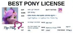 Size: 962x435 | Tagged: safe, derpibooru import, edit, edited screencap, editor:secretbronyx, screencap, pipp, pipp petals, pegasus, pony, my little pony: make your mark, 420, 69 (number), adorapipp, best pony, best pony license, birb, cute, cutie mark, faic, female, g5, horseshoes, id card, image, license, mare, meme, misspelling, pipp is short, png, ponyfans, simple background, white background