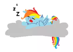 Size: 806x572 | Tagged: safe, artist:skookz, derpibooru import, rainbow dash, pegasus, pony, cloud, female, image, mare, messy mane, messy tail, ms paint, onomatopoeia, png, simple background, sleeping, solo, sound effects, tail, white background, zzz