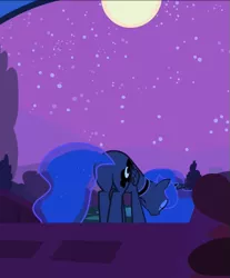 Size: 531x642 | Tagged: safe, derpibooru import, screencap, princess luna, alicorn, luna eclipsed, season 2, butt, cutie mark, eyes closed, image, looking down, moon, moonbutt, night, plot, png, sad, solo, stars