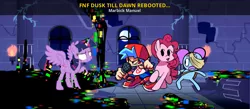 Size: 1000x436 | Tagged: safe, artist:bbpanzu, artist:jakeneutron, derpibooru import, pinkie pie, twilight sparkle, twilight sparkle (alicorn), alicorn, earth pony, human, pony, bandage, boyfriend, cap, castle of the royal pony sisters, clothes, crossover, error, female, friday night funkin', glitch, hair bun, hat, horn, image, jpeg, male, mare, microphone, moon, night, pants, pibby, raised hoof, shirt, shocked, shoes, smiling, spread wings, text, wings