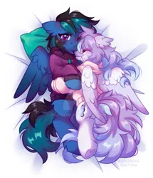 Size: 1920x2230 | Tagged: safe, artist:dedfriend, derpibooru import, oc, unofficial characters only, pegasus, pony, bed, blushing, deviantart watermark, heart, heart hoof, image, jpeg, obtrusive watermark, oc x oc, on bed, pillow, shipping, smiling, watermark