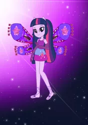 Size: 1099x1557 | Tagged: safe, artist:ketrin29, artist:magical-mama, artist:user15432, derpibooru import, twilight sparkle, twilight sparkle (alicorn), alicorn, fairy, human, equestria girls, alternate hairstyle, barefoot, barely eqg related, base used, clothes, crossover, cutie mark, cutie mark on clothes, dress, enchantix, fairy wings, fairyized, feet, gloves, image, long gloves, looking at you, png, ponied up, purple background, purple dress, purple wings, simple background, sparkly background, wings, winx, winx club, winxified