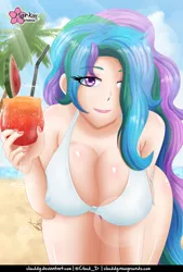 Size: 676x1000 | Tagged: suggestive, alternate version, artist:clouddg, derpibooru import, princess celestia, human, equestria girls, alcohol, beach, breasts, busty princess celestia, clothes, cocktail, cocktail glass, drink, hair over one eye, human coloration, humanized, image, looking at you, palm tree, png, principal celestia, solo, swimsuit, tree