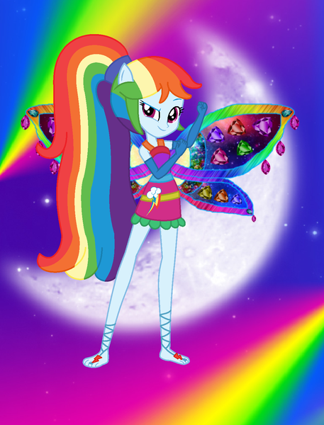 Size: 1100x1444 | Tagged: safe, artist:ketrin29, artist:magical-mama, artist:user15432, derpibooru import, rainbow dash, fairy, human, equestria girls, alternate hairstyle, barefoot, barely eqg related, base used, clothes, colored wings, crossover, cutie mark, cutie mark on clothes, dress, enchantix, fairy wings, fairyized, feet, gloves, gradient wings, hand on arm, image, long gloves, long hair, looking at you, moon, multicolored wings, night, png, ponied up, ponytail, rainbow, rainbow background, rainbow dress, rainbow wings, stars, wings, winx, winx club, winxified