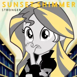 Size: 1068x1068 | Tagged: safe, derpibooru import, edit, edited screencap, screencap, sunset shimmer, album, album cover, image, jpeg, kelly clarkson, singer, singing, stronger