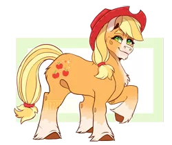 Size: 1900x1600 | Tagged: safe, artist:lizzielass, edit, editor:edits of hate, applejack, earth pony, pony, alternate design, chest fluff, colored ears, colored hooves, facial markings, female, freckles, hoof fluff, image, mare, png, raised hoof, smiling, socks (coat marking), solo, standing, traditional art, unshorn fetlocks, white outline