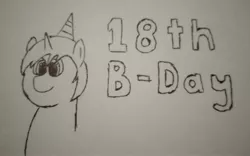 Size: 3636x2273 | Tagged: safe, artist:valuable ashes, derpibooru import, oc, oc:technical writings, pony, unicorn, birthday, hat, image, jpeg, party hat, solo, traditional art